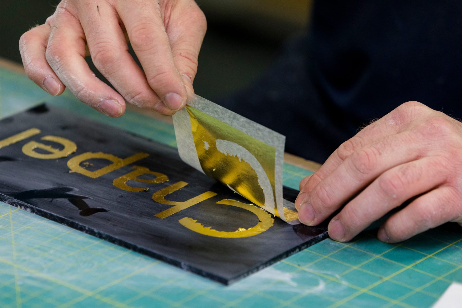 Gold foil letters hand applied